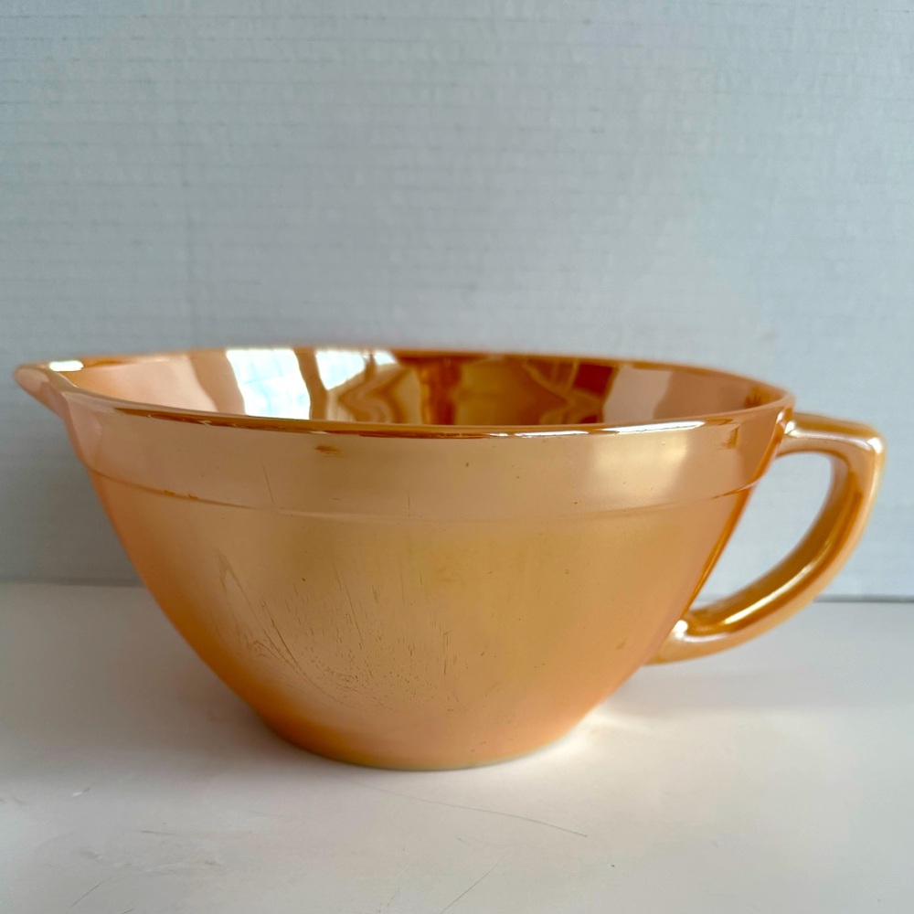 Vintage Fire King Peach Lustre Milk Glass Batter Bowl with Spout and Handle